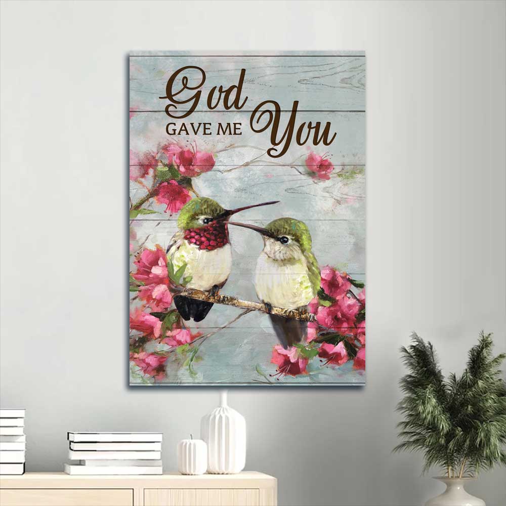 Jesus Portrait Canvas - Pink flower painting, Hummingbird drawing Portrait Canvas - Gift For Christian - God gave me you Portrait Canvas