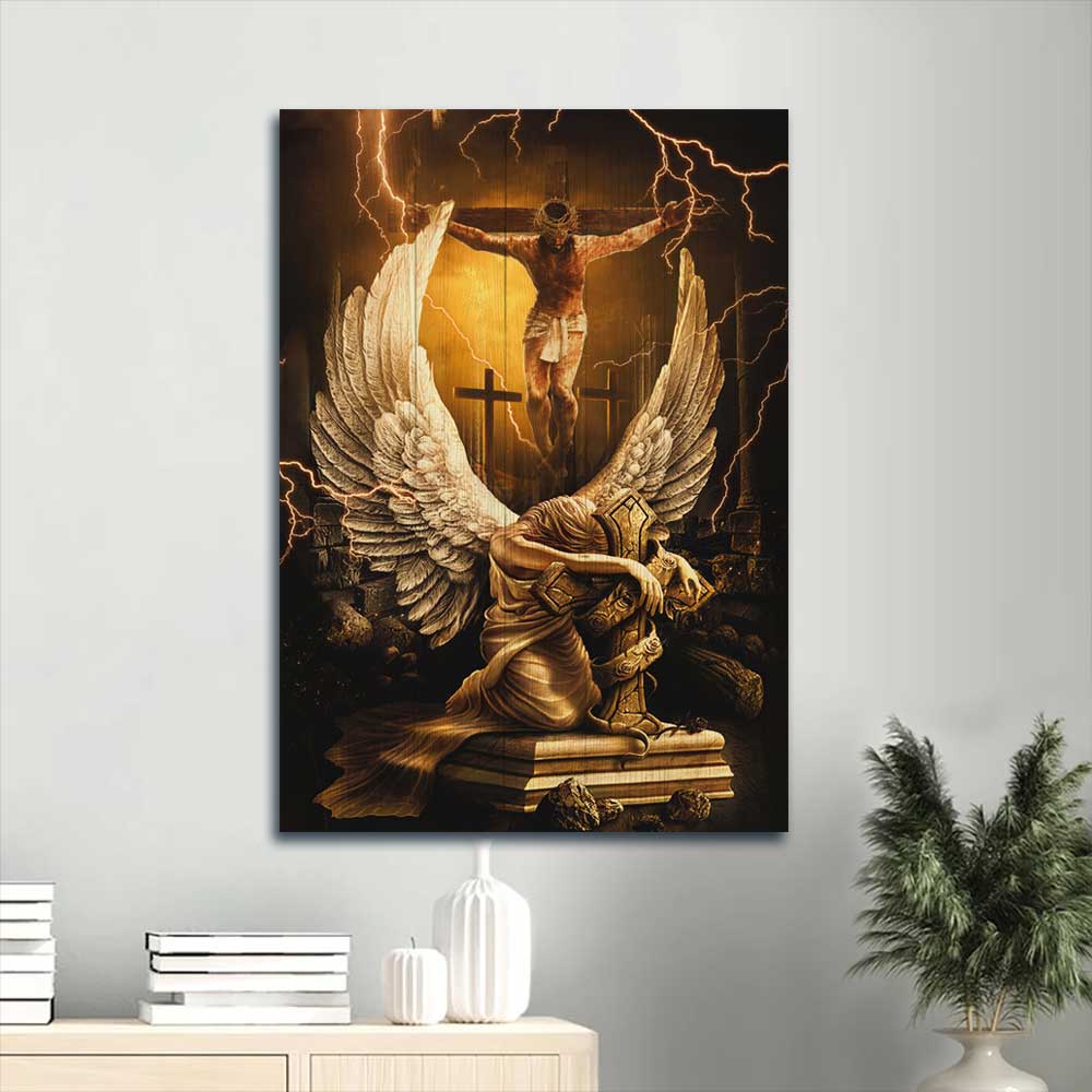 Jesus Portrait Canvas - Stunning Angel Wings, Jesus On The Cross, Amazing Thunder Canvas - Gift For Christian