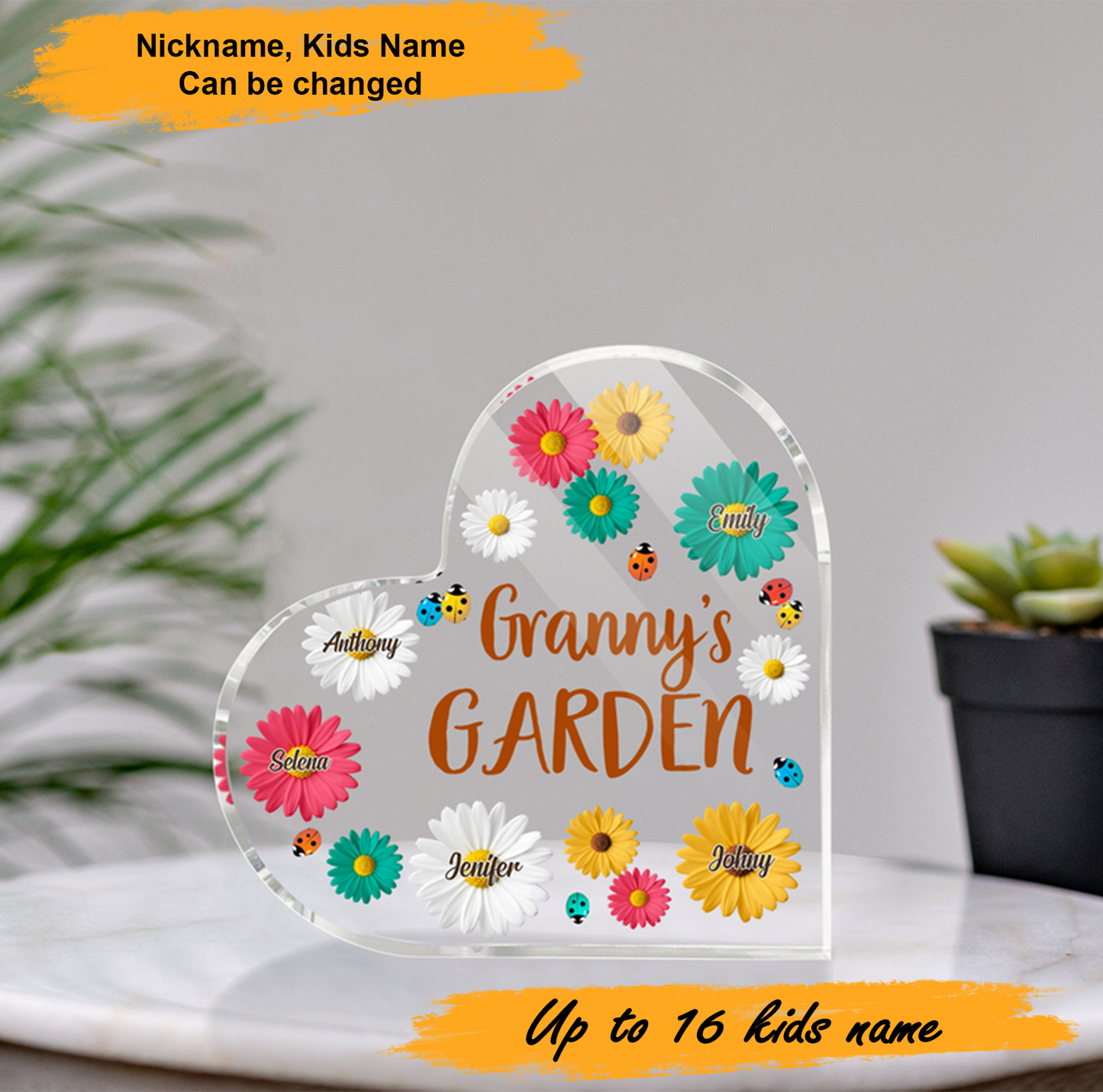 Mother's Day Grandma Flower Garden, Personalized Heart Shaped Acrylic Plaque - Custom Name Gifts For Nana, Mother, Grandma, Mom, Mama, Gigi