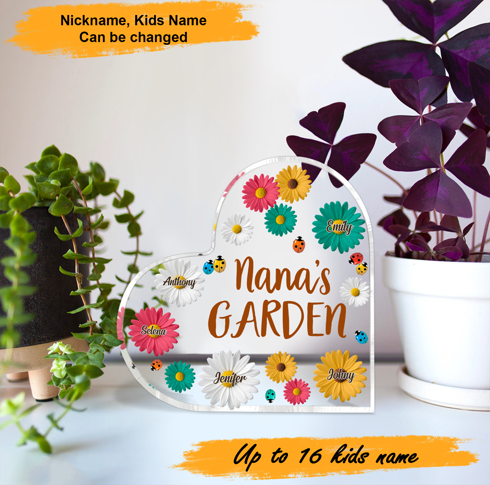 Mother's Day Grandma Flower Garden, Personalized Heart Shaped Acrylic Plaque - Custom Name Gifts For Nana, Mother, Grandma, Mom, Mama, Gigi