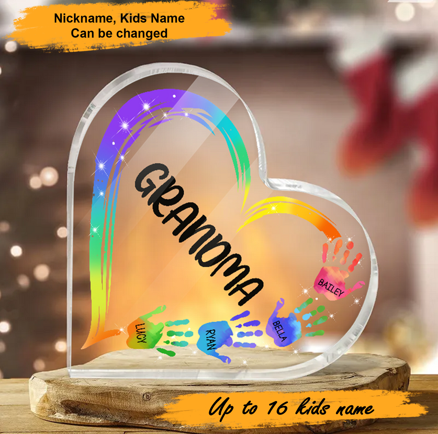 Mother's Day Grandma Heart Hand - Personalized Heart Shaped Acrylic Plaque - Custom Name Gifts For Nana, Mother, Grandma, Mom, Mama, Gigi