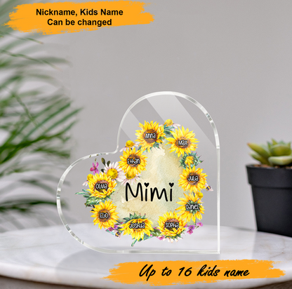 Mother's Day Mimi Sunflower Heart, Personalized Heart Shaped Acrylic Plaque - Custom Name Gifts For Nana, Mother, Grandma, Mom, Mama, Gigi