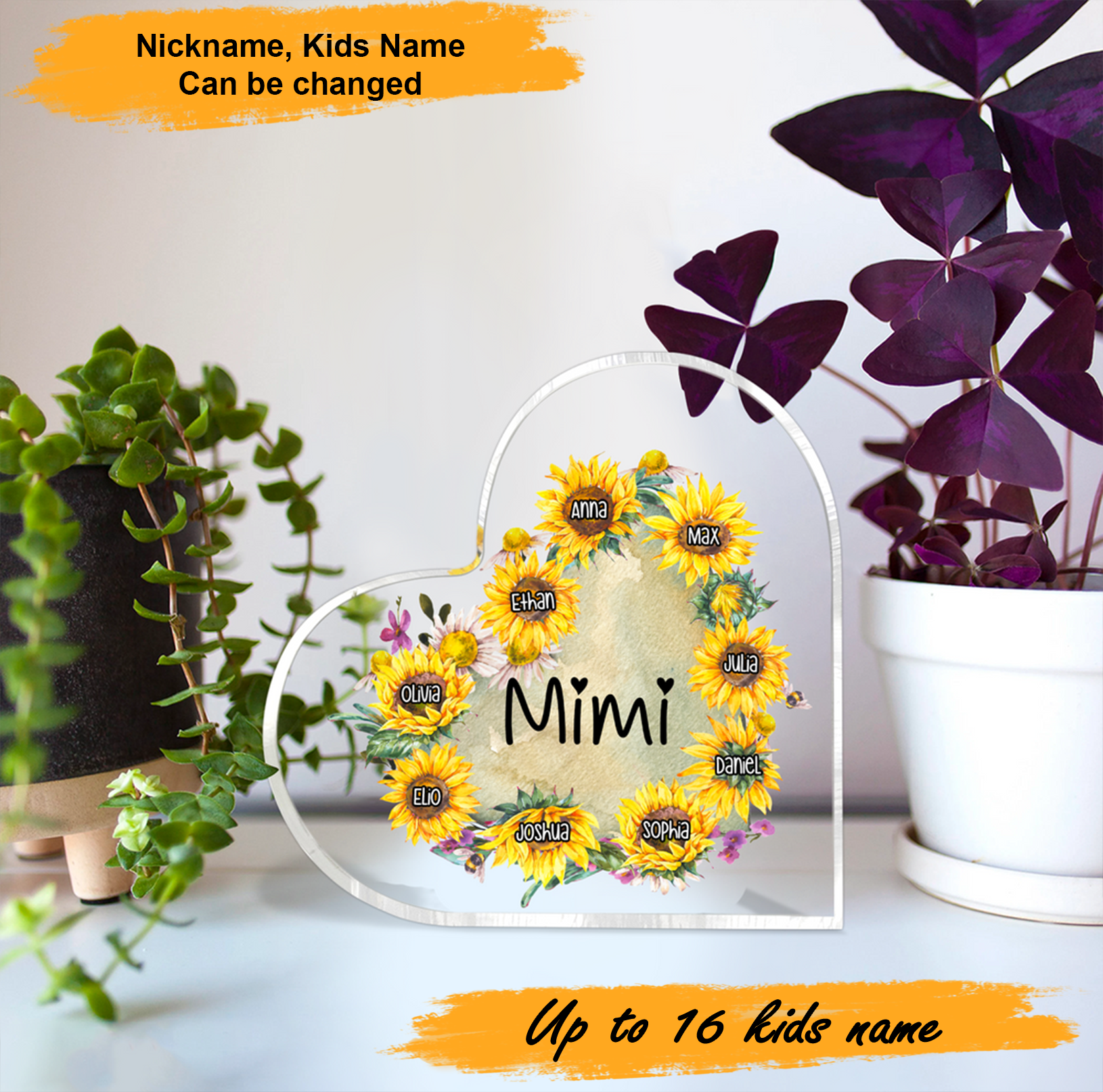 Mother's Day Mimi Sunflower Heart, Personalized Heart Shaped Acrylic Plaque - Custom Name Gifts For Nana, Mother, Grandma, Mom, Mama, Gigi