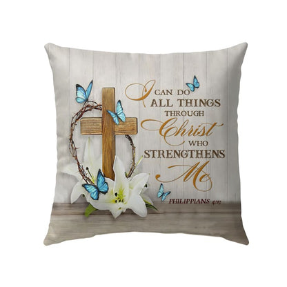 Bible Verse Pillow - Jesus Pillow - Wooden Cross, Blue Butterfly, White Lily Pillow - Gift For Christian -  I Can Do All Things Through Christ Philippians 4:13 Pillow