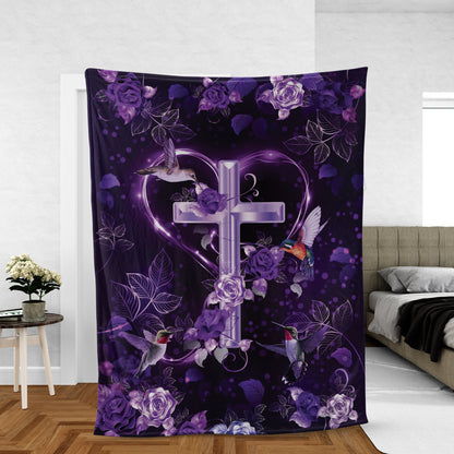 Christian Throw Blanket, Jesus Blanket, Faith Blanket, Inspirational Gift, Purple Roses Blanket, Hummingbird Blanket, The Holy Corss