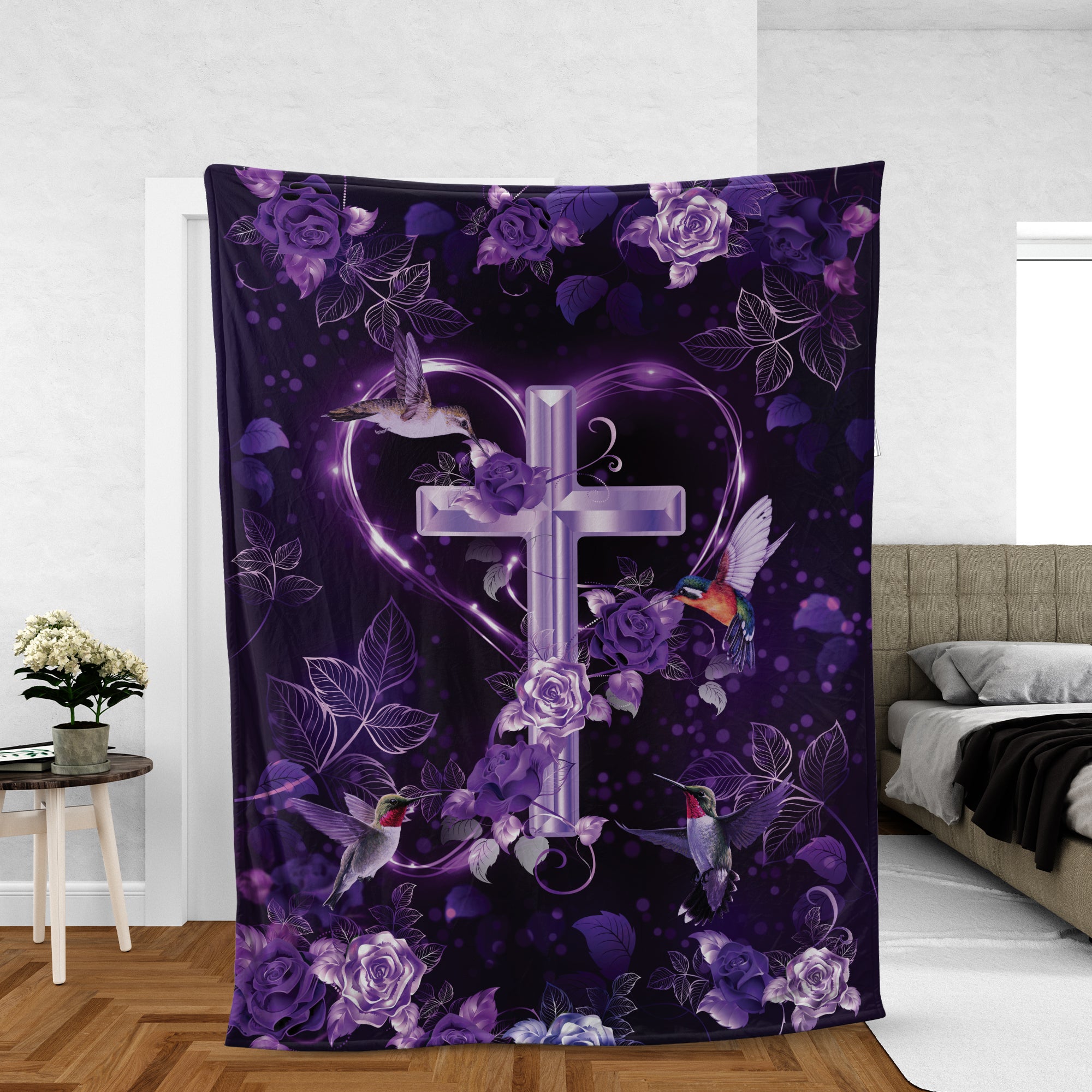 Christian Throw Blanket, Jesus Blanket, Faith Blanket, Inspirational Gift, Purple Roses Blanket, Hummingbird Blanket, The Holy Corss