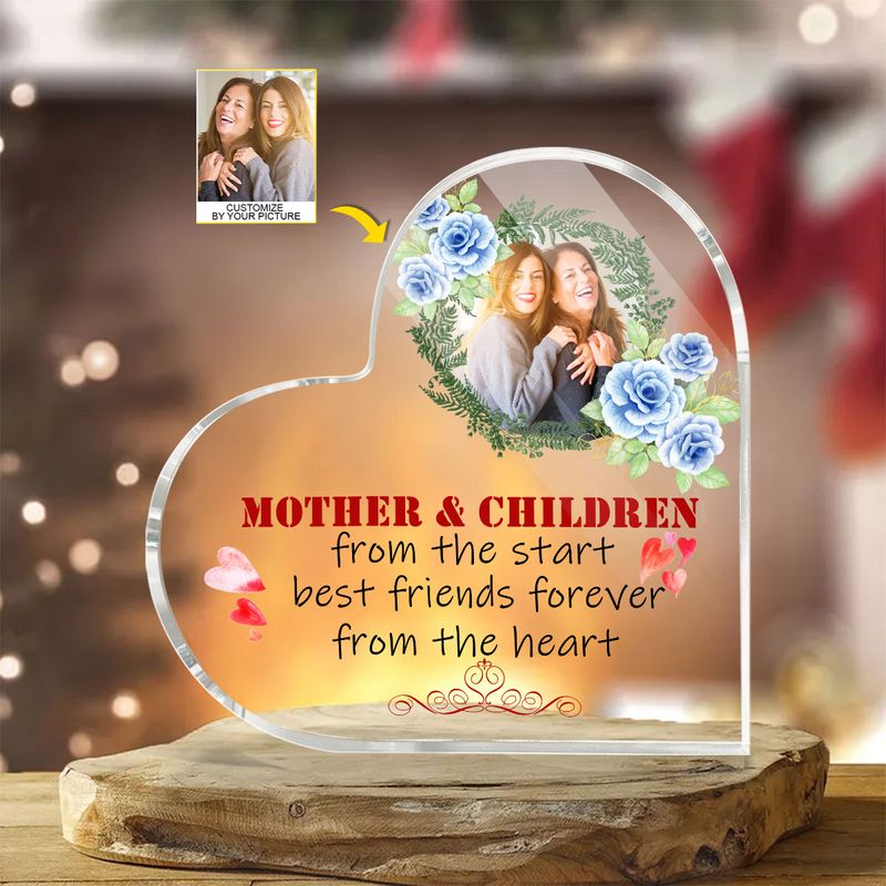 Mother Children Custom Photo Mother's Day, Floral Heart Personalized Heart Shaped Acrylic Plaque Home Decor - Custom Name Gifts For Mom, Nana, Mama
