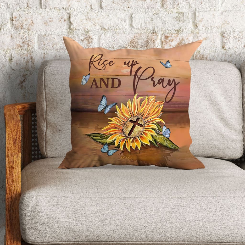 Jesus Pillow - Sunflower Cross Blue Butterfly Pillow - Gift For Christian - Rise up and pray Throw Pillow