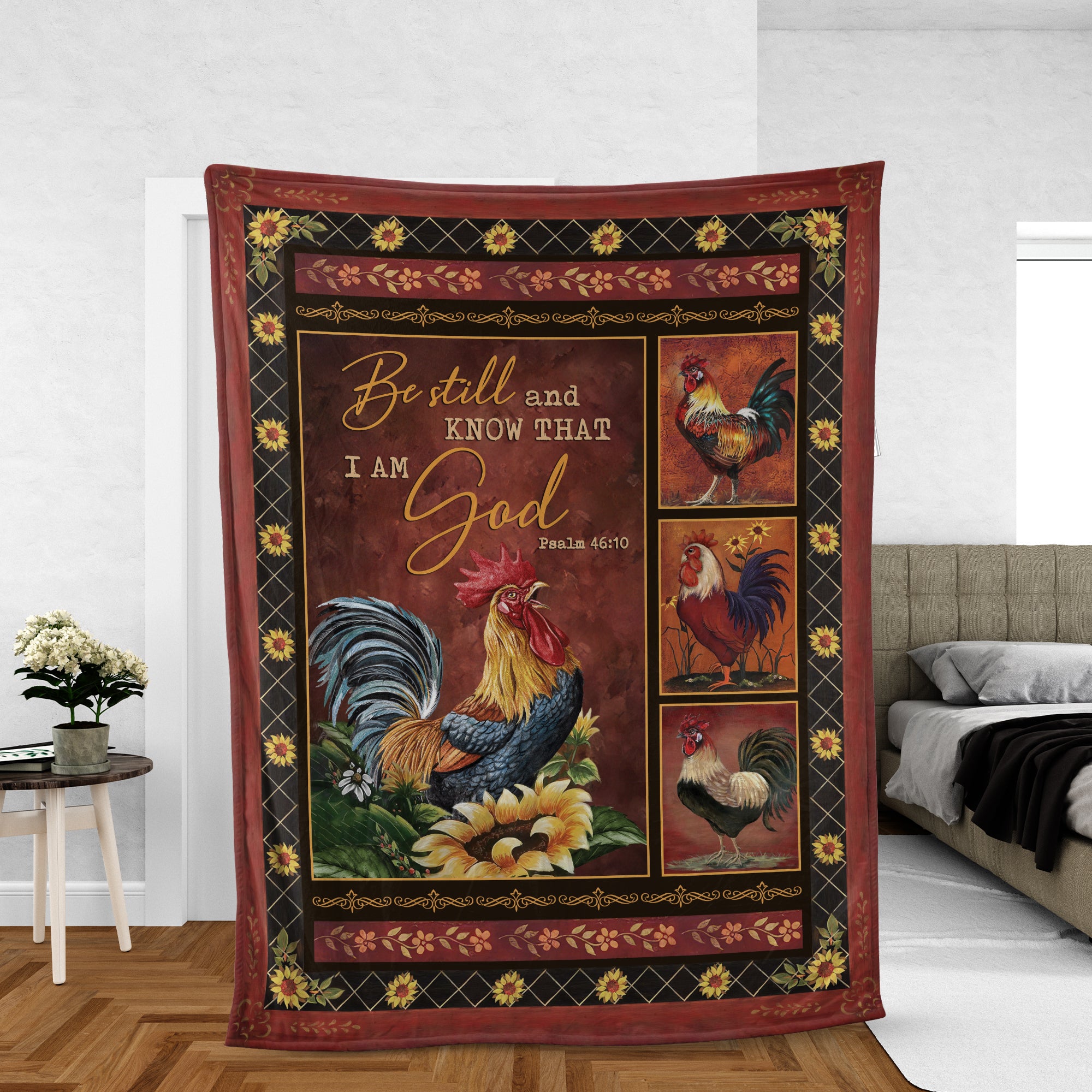 Christian Throw Blanket, Jesus Blanket, Faith Blanket, Inspirational Gift, Rooster And Sunflower Blanket - Be Still And Know That I Am God