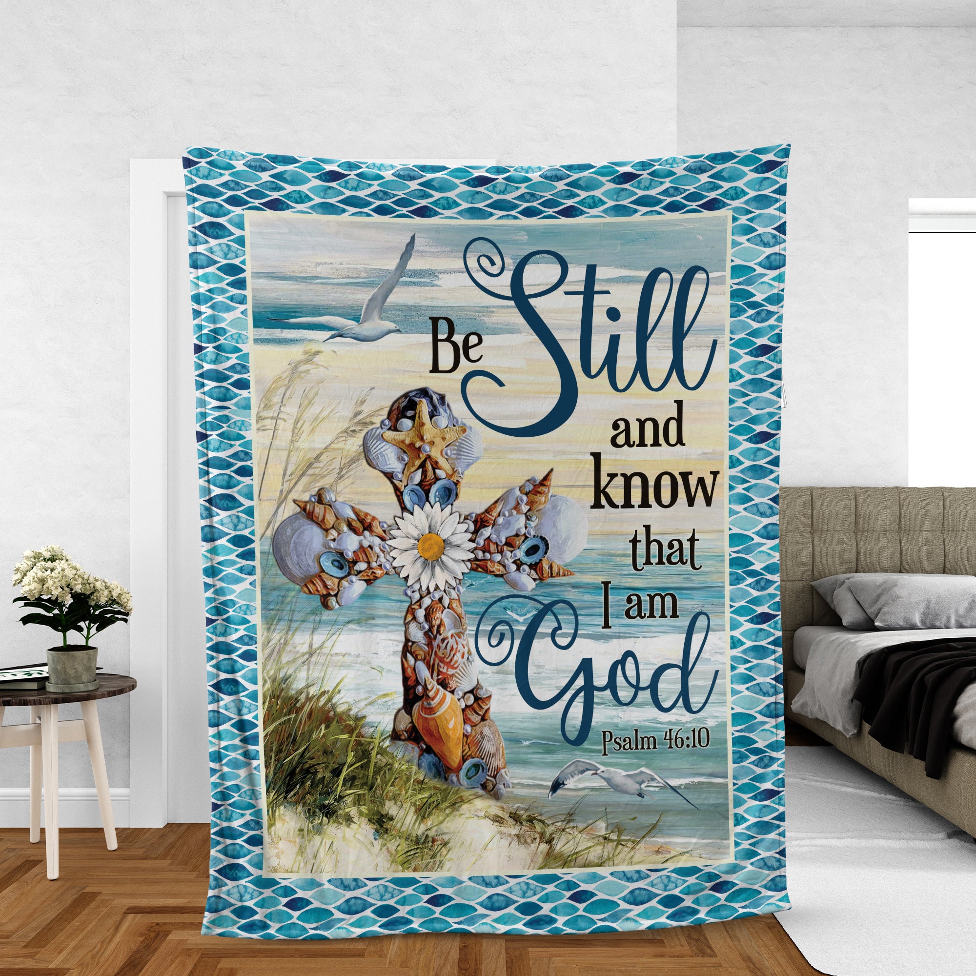 Christian Throw Blanket, Jesus Blanket, Faith Blanket, Inspirational Gift, Seashells Cross Blanket - Be Still And Know That I Am God