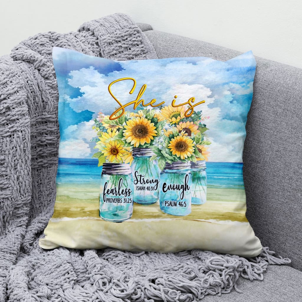 Jesus Pillow- Sunflower Jars, Blue Sky- Gift For Christian - She Is Fearless, Strong And Enough Christian Pillow