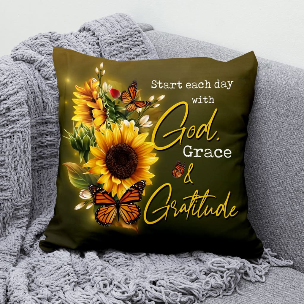 Bible Verse Pillow - Jesus Pillow - Sunflower, Orange Butterfly - Gift For Christian- Start Each Day With God Christian Pillow