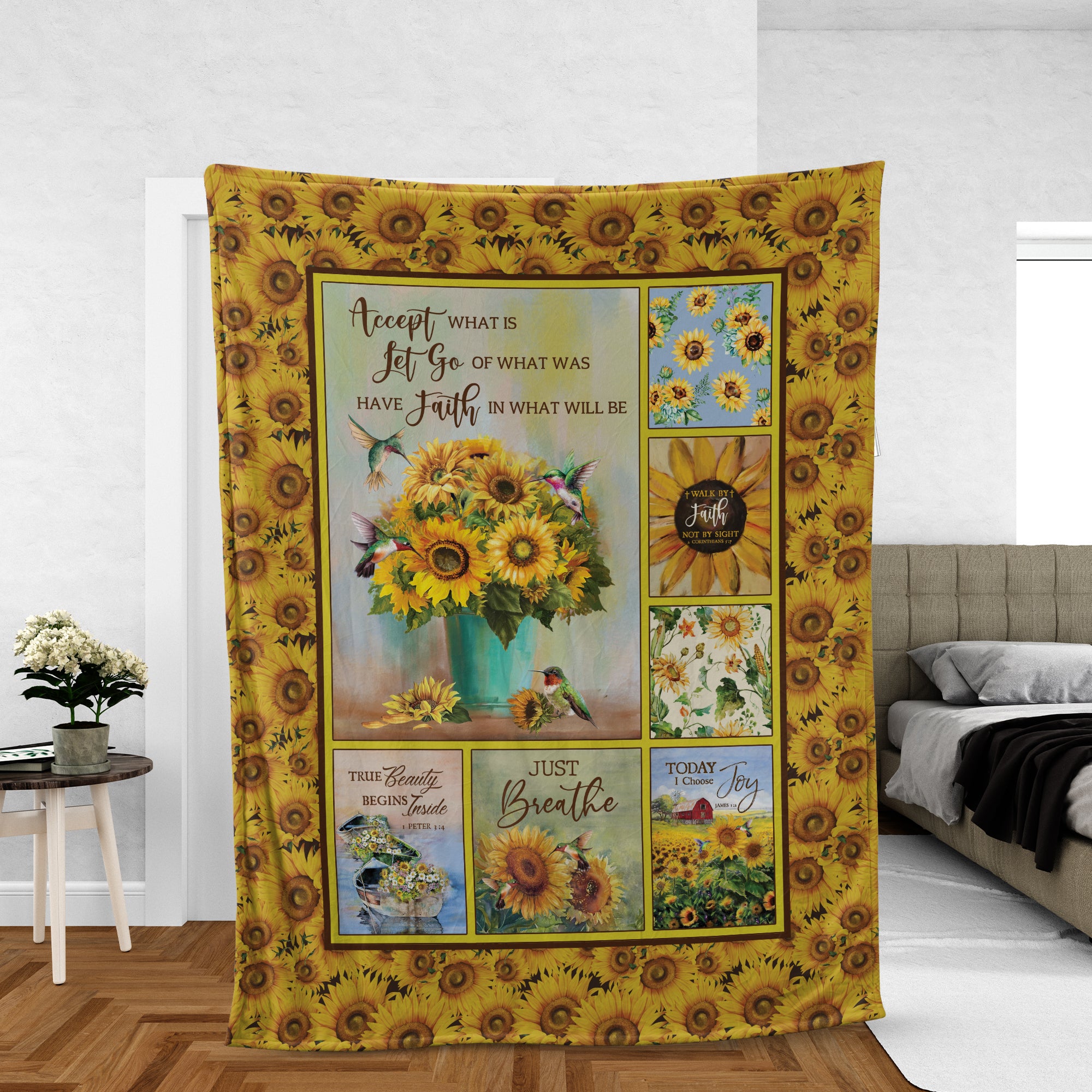 Sunflower Throw Blanket, Christian Blanket, Jesus Blanket, Faith Blanket, Inspirational Gift - Hummingbird And Sunflower, Have Faith In What Will Be