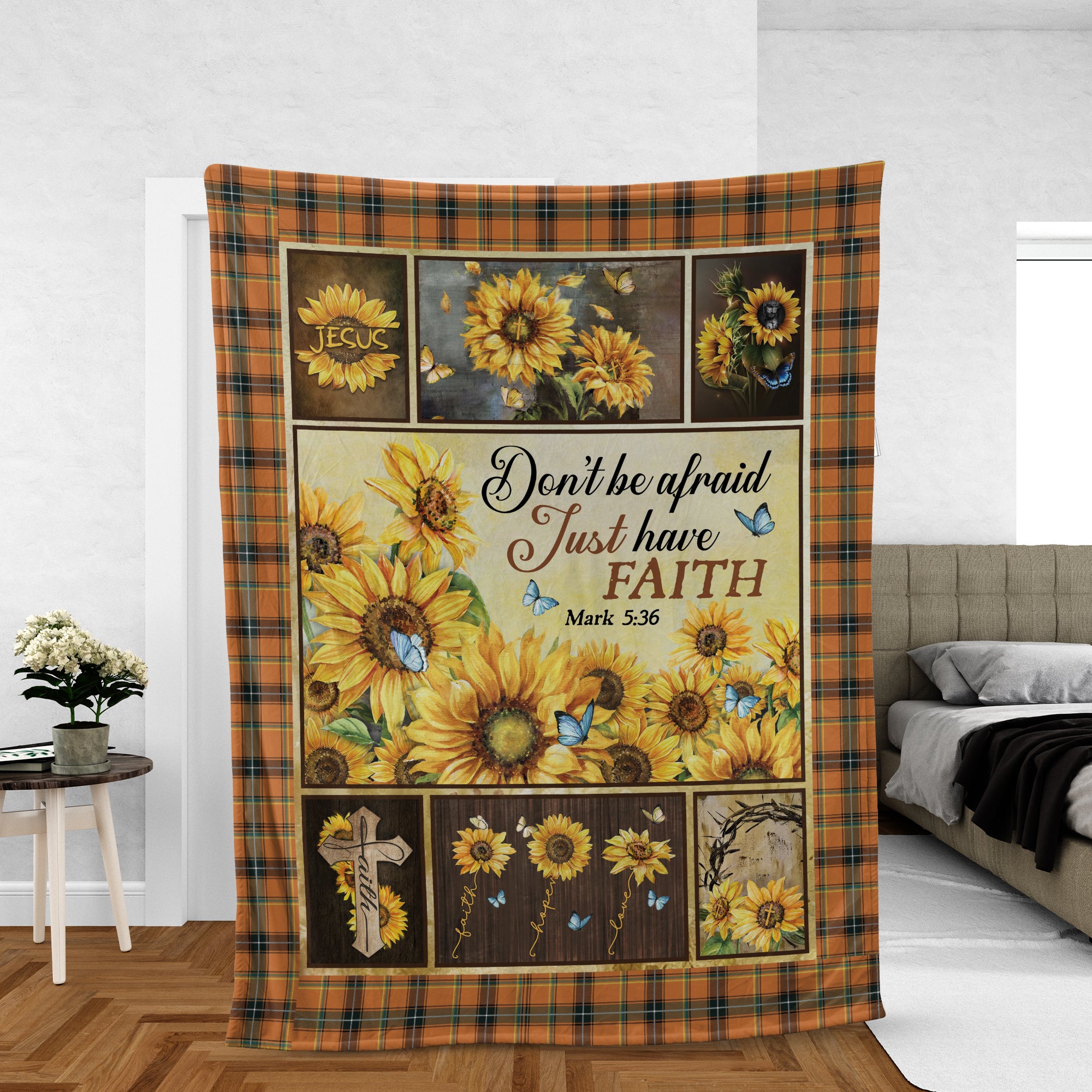 Sunflower Throw Blanket, Christian Blanket, God Blanket, Faith Blanket, Inspirational Gift - Blue Butterfly, Don't Be Afraid Just Have Faith