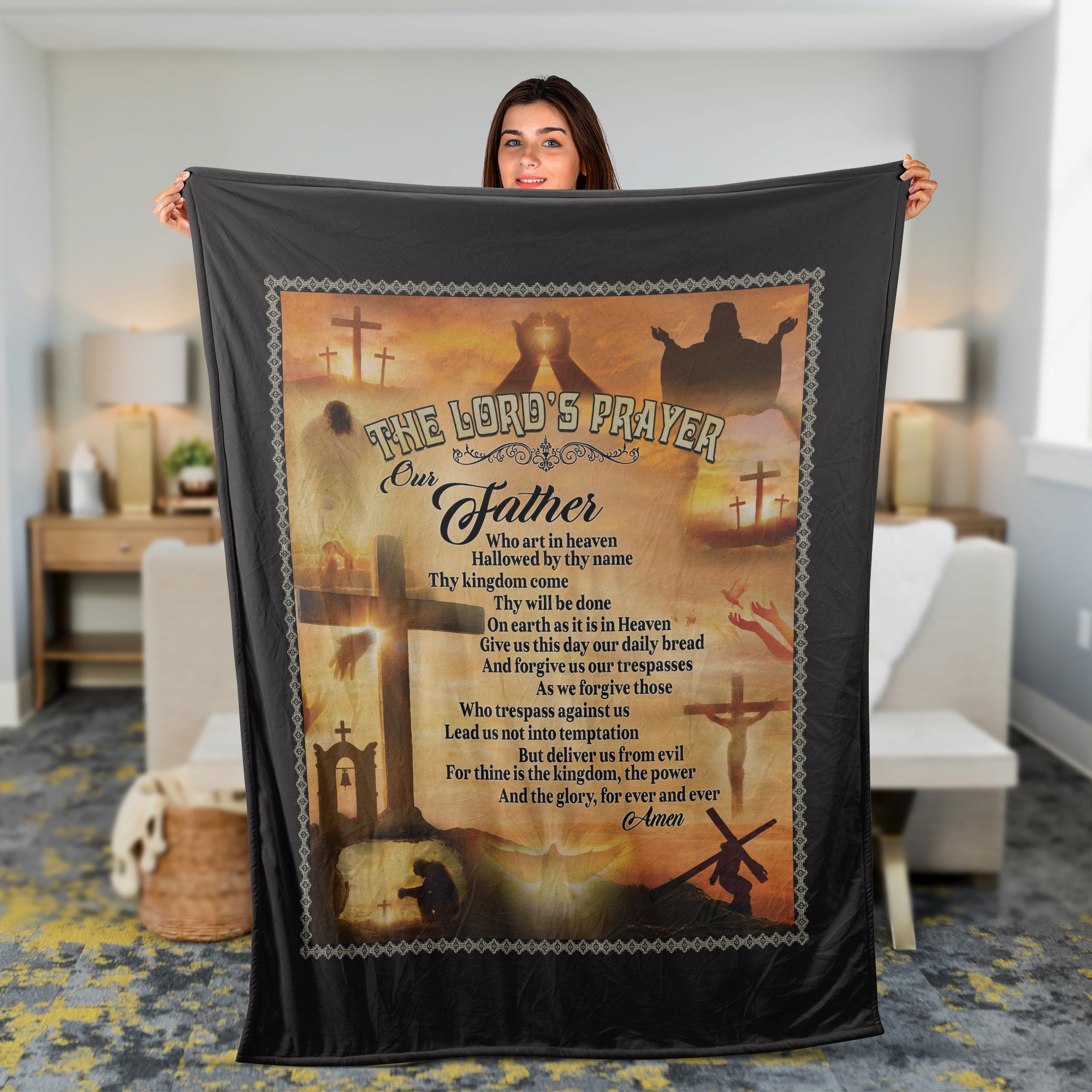 Christian Throw Blanket, Jesus Blanket, Inspirational Gift, Faith Blanket, The Lord's Prayer Blanket - Beautiful Sunset