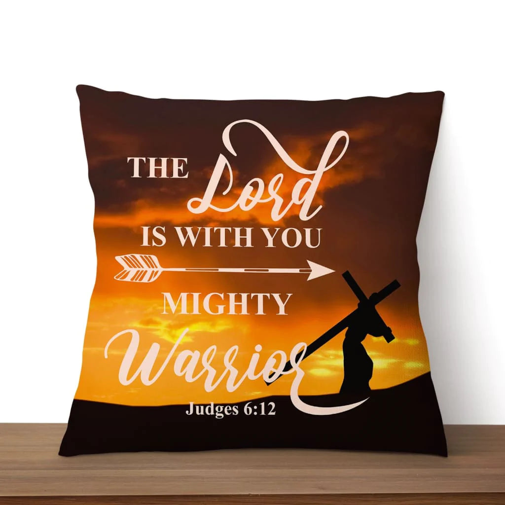 Bible Verse Pillow - Jesus Pillow - Sunset, Cross Pillow - Gift For Christian - The Lord is with you mighty warrior Judges 6:12 Pillow