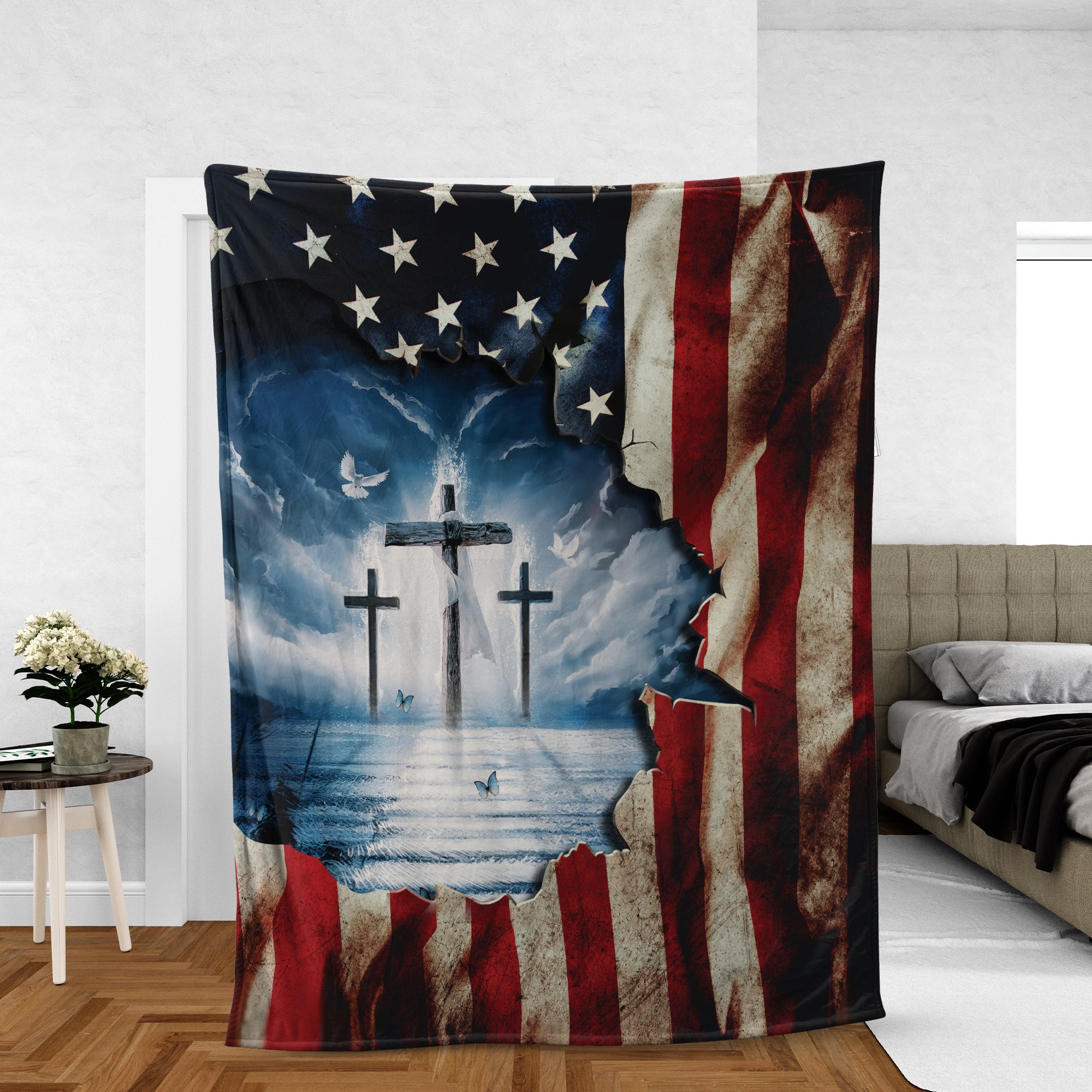 Christian Throw Blanket, Jesus Blanket, Inspirational Gift, The Us Flag Blanket - The Old Rugged Cross, Ocean Painting Blanket