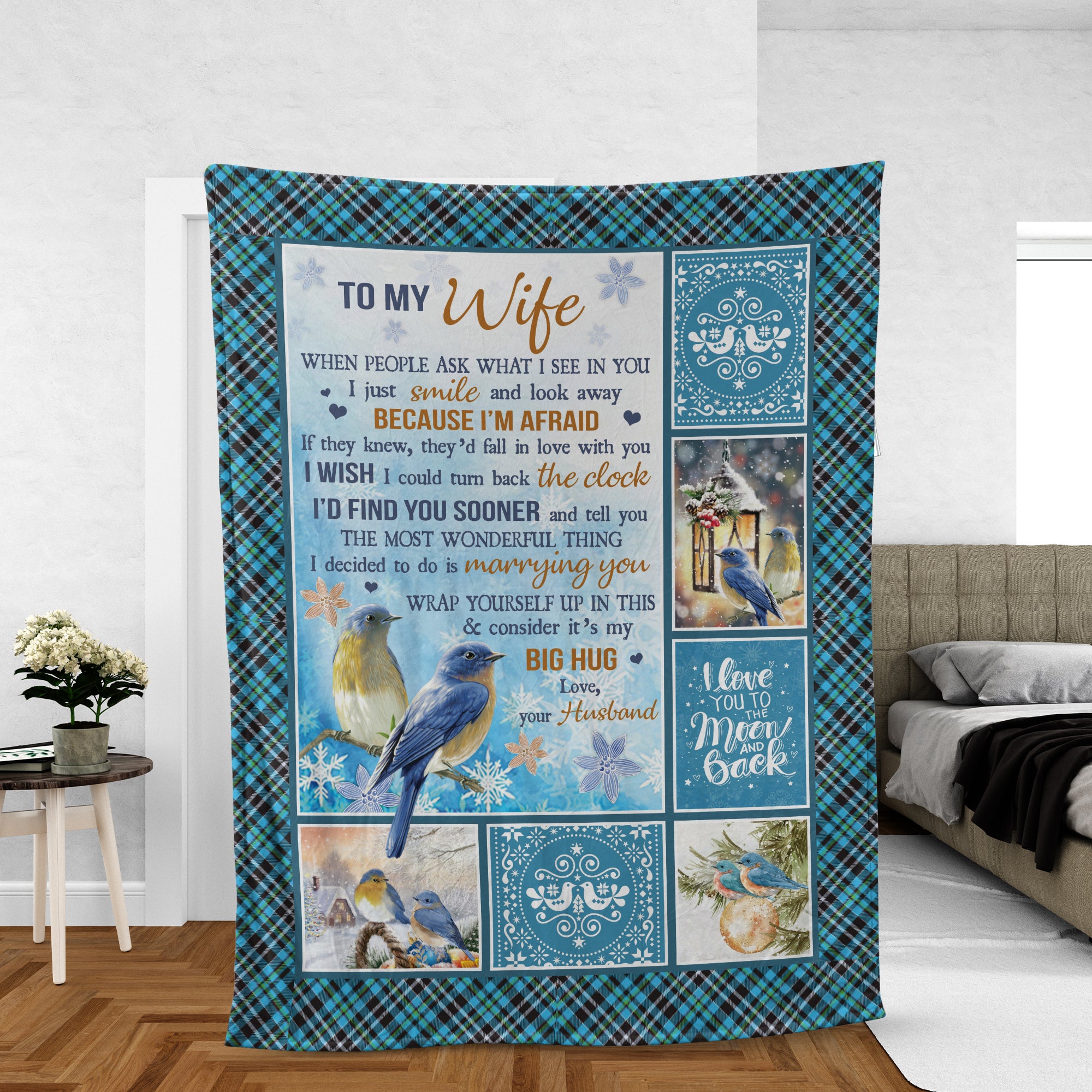 Couple Blanket, To My Wife Blanket, Valentine's Day Gift, Gifts For Wife From Husband, Eastern Bluebird Blanket - Winter, I Love You To The Moon And Back