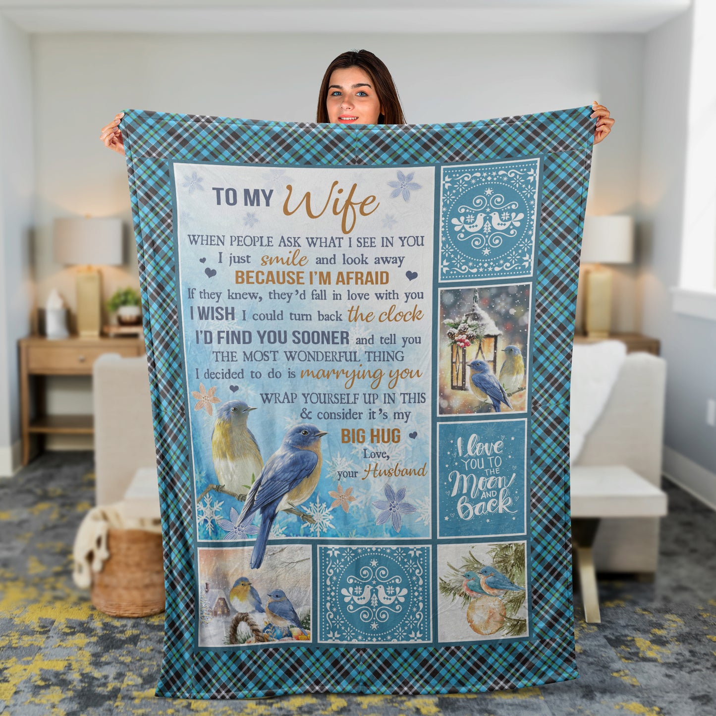 Couple Blanket, To My Wife Blanket, Valentine's Day Gift, Gifts For Wife From Husband, Eastern Bluebird Blanket - Winter, I Love You To The Moon And Back