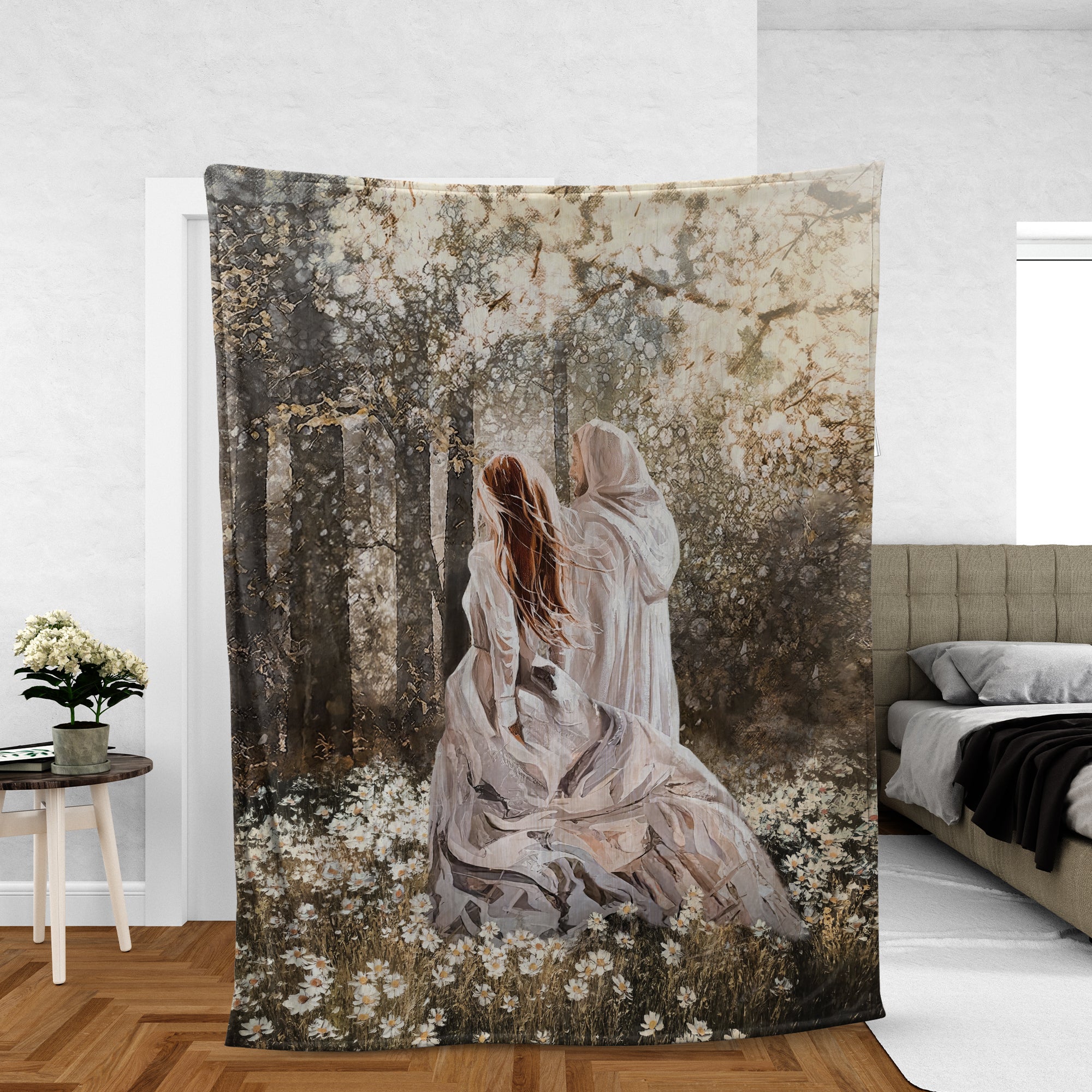 Christian Throw Blanket, Jesus Blanket, Inspirational Gift - Walking With Jesus, Beautiful Girl Painting In The Forest, Among The Flower Field