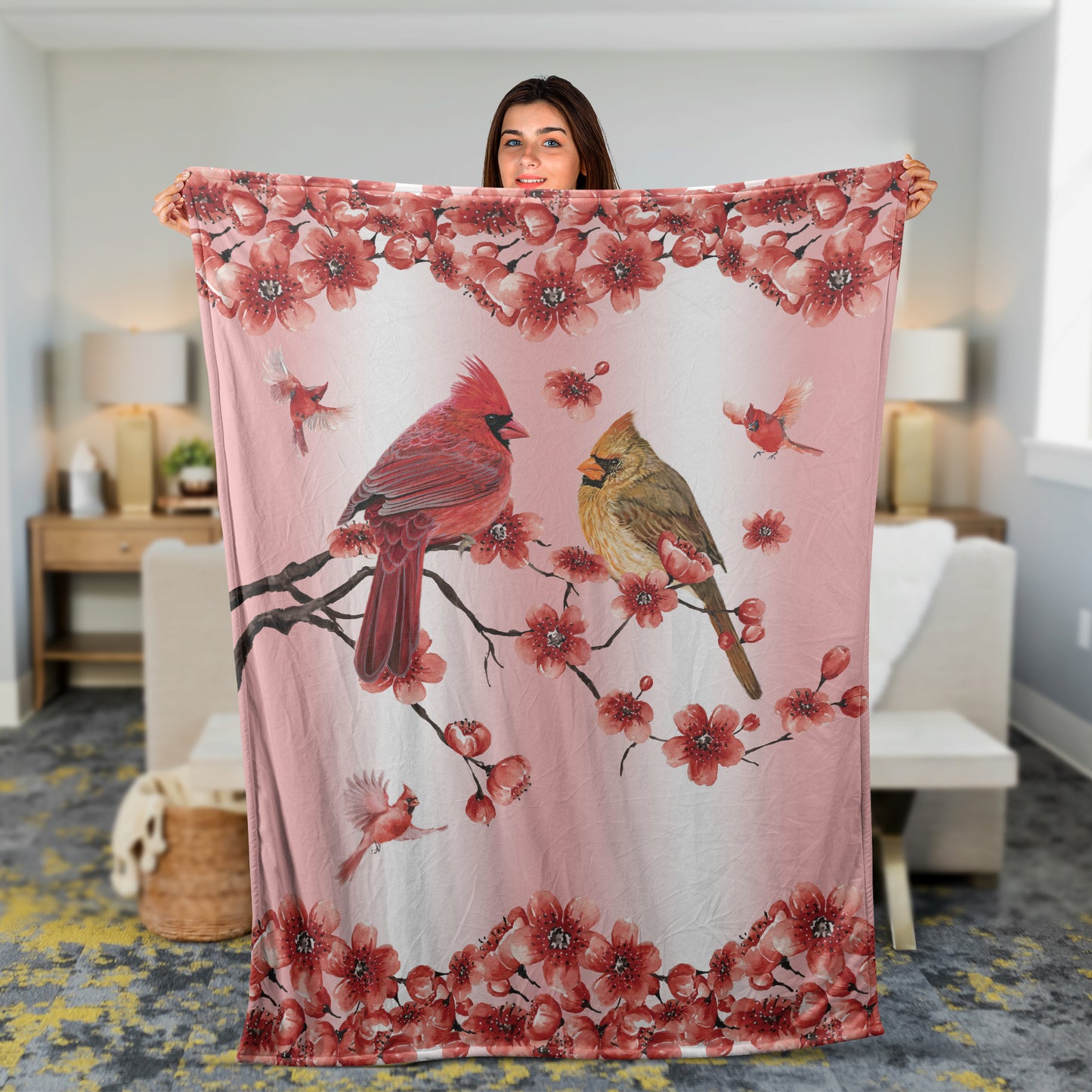 Memorial Blanket, Heaven Blanket, Cardinal Couples Blanket, Sympathy Gift, Remembrance Gift - Red Peach Blossom, Flower Frame, Spring Drawing