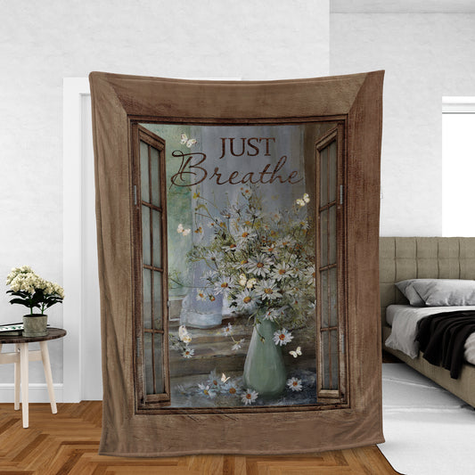 Christian Throw Blanket, Faith Blanket, Jesus Blanket, Inspirational Gift - Watercolor Daisy And Butterfly Blanket, Vintage Window, Just Breathe