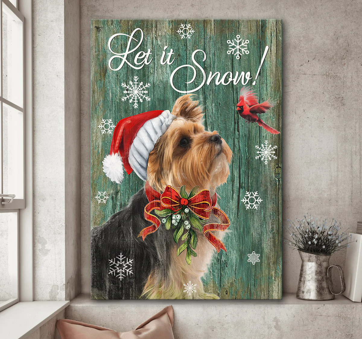 Yorkshire Terrier Dog Portrait Canvas - Yorkshire Terrier, Cardinal, Christmas - Gift for Yorkshire Terrier, Dog Lovers - Let It Snow Canvas