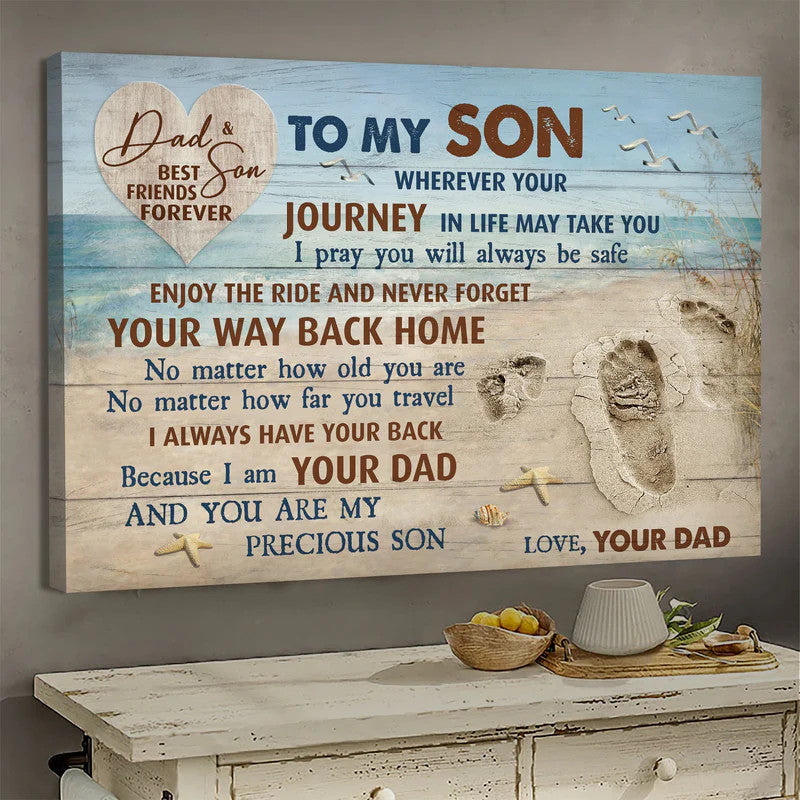 Family Landscape Canvas- Dad to my son canvas, Footprint, Beach canvas- Gift for son - Enjoy the ride and don't forget your way back home