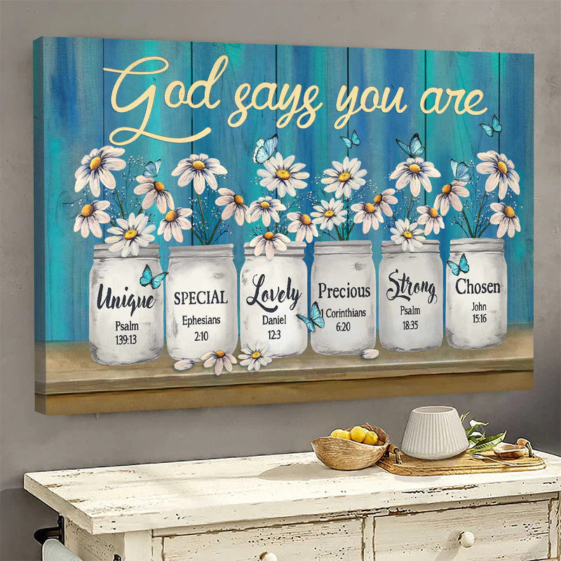 Jesus Landscape Canvas- Daisy flower, Manson jars, Blue background canvas- Gift for Christian- God says you are