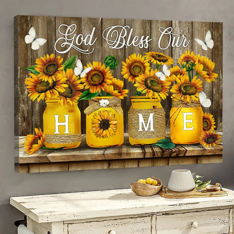 Jesus Landscape Canvas- Dark yellow sunflower, Butterfly painting canvas- Gift for Christian- God bless our home