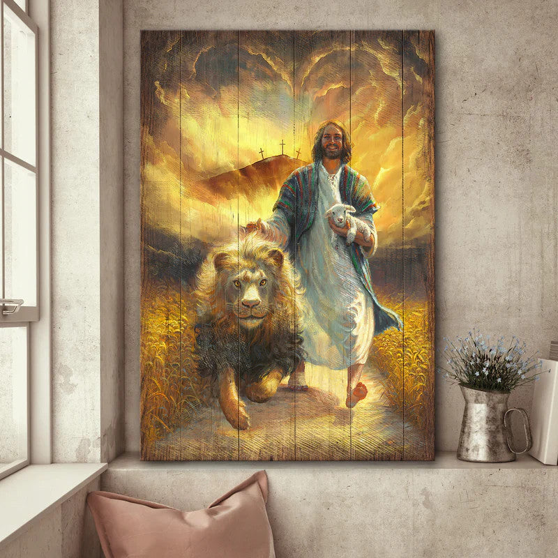 Jesus Portrait Canvas- Jesus Painting, Lion of Judah, Walking with lamb and lion - Gift for Christian - Portrait Canvas Print, Wall Art