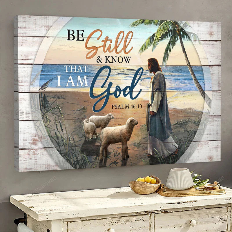 Jesus Landscape Canvas- Lamb of God, beach - Jesus and lambs on the peaceful beach- Gift for Christian - Landscape Canvas Prints, Wall Art