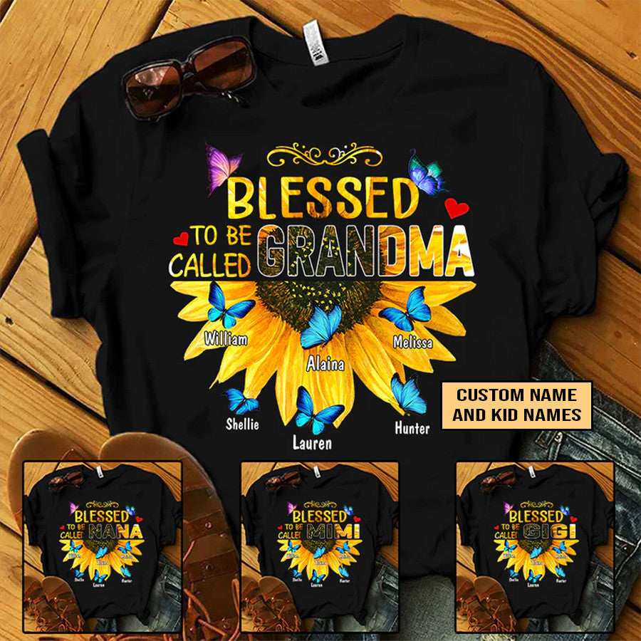 Personalized T-Shirt, Mother's Day Gift T-Shirt, Blessed To Be Called Grandma Sunflower Gift Custom T-Shirt, Custom Name And Kid Names On T-Shirt