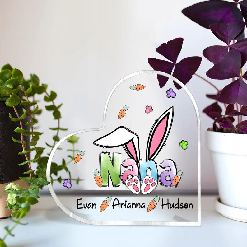 Mother's Day Bunny Nana Peeps Heart Shaped Acrylic Plaque, Custom Names Heart Shaped Acrylic, Personalized Gift For Grandma, Mimi, Nana, Grandmy