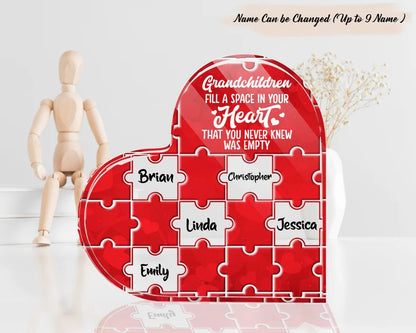 Mother's Day Red Heart Shaped Acrylic Plaque, A Piece Puzzle Heart Gift From Grandkid Acrylic, Personalized Grandchildren For Grandma, Mimi, Nana, Mom