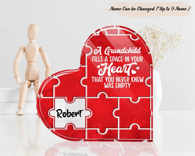 Mother's Day Red Heart Shaped Acrylic Plaque, A Piece Puzzle Heart Gift From Grandkid Acrylic, Personalized Grandchildren For Grandma, Mimi, Nana, Mom