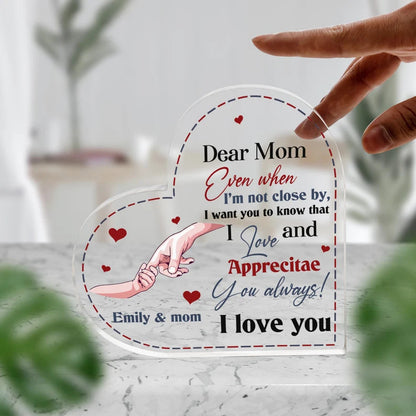 Mother's Day Daughter Holding Mother's Hand Heart Shaped Acrylic Plaque, Custom Names Heart Shaped Acrylic, Personalized Gift For Mom From Daughter