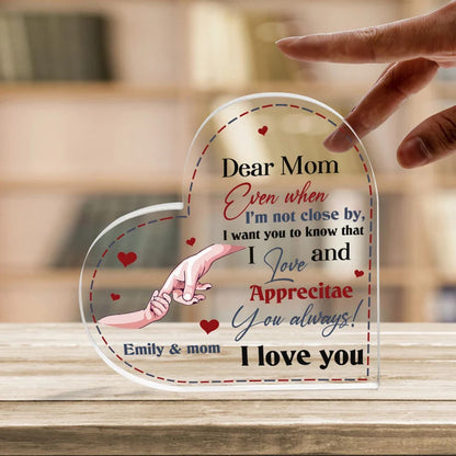 Mother's Day Daughter Holding Mother's Hand Heart Shaped Acrylic Plaque, Custom Names Heart Shaped Acrylic, Personalized Gift For Mom From Daughter