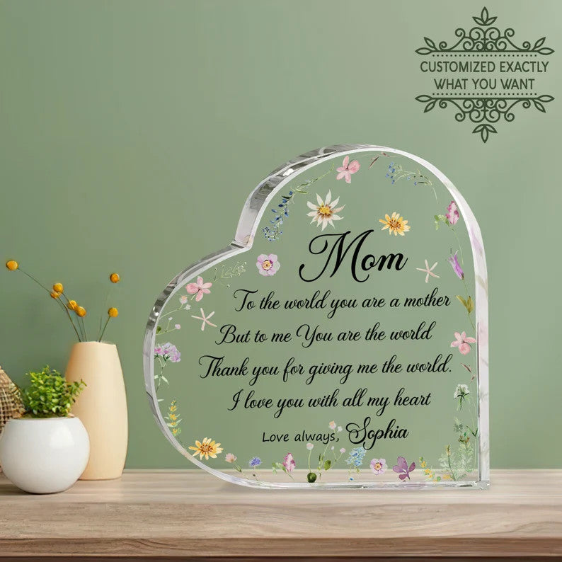 Mother's Day Flowers Mom Heart Shaped Acrylic Plaque, Custom Names And Quotes Heart Shaped Acrylic, Personalized Gift For Mom From Daughter