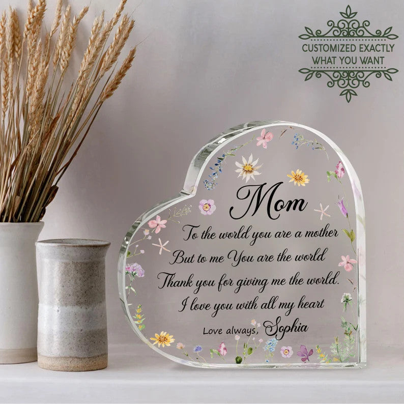 Mother's Day Flowers Mom Heart Shaped Acrylic Plaque, Custom Names And Quotes Heart Shaped Acrylic, Personalized Gift For Mom From Daughter